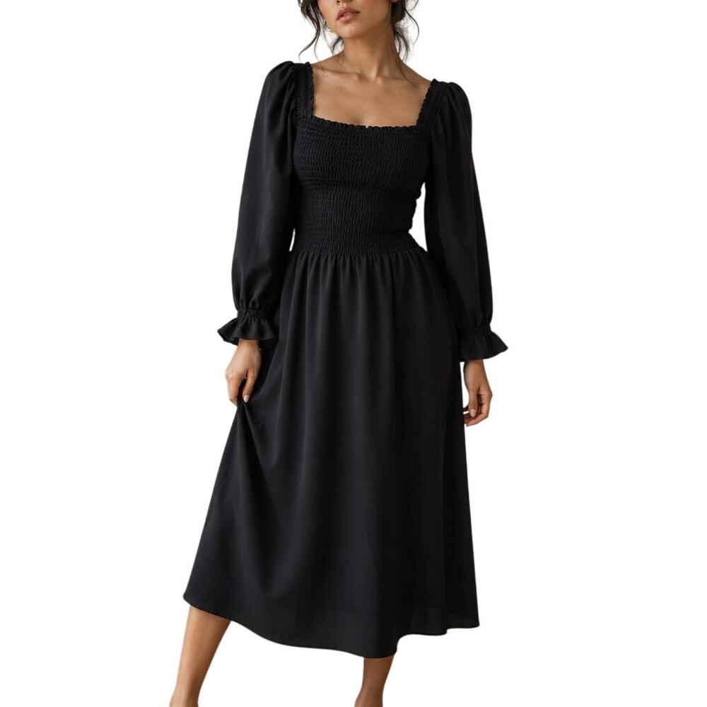 Nanette Lepore Black Smocked Peasant Midi Dress 12